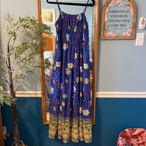 Blue Floral Maxi Dress with Yellow Border